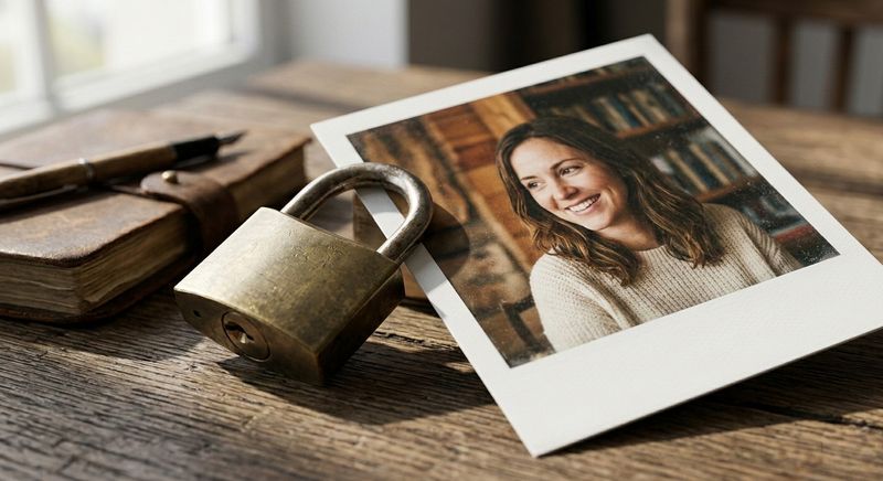 A Polaroid of a woman resting on a wooden desk.  A locked padlock sits on top